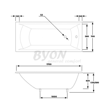 чугунная ванна byon milan 170x70x42 и0000069