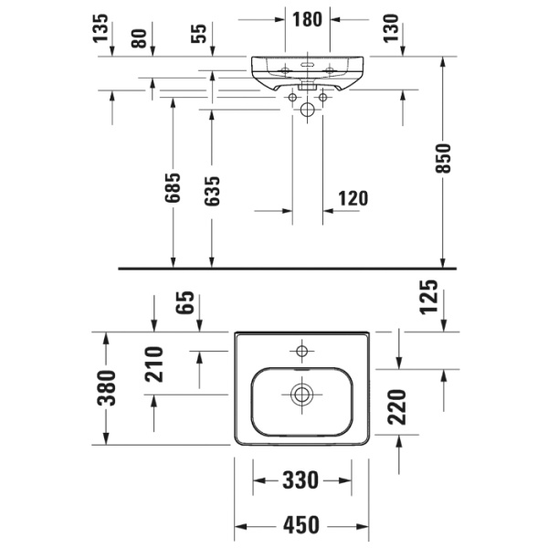 duravit soleil by starck раковина подвесная 450х380х130 мм,с 1 отв под смеситель, с переливом, белая с покрытием wondergliss