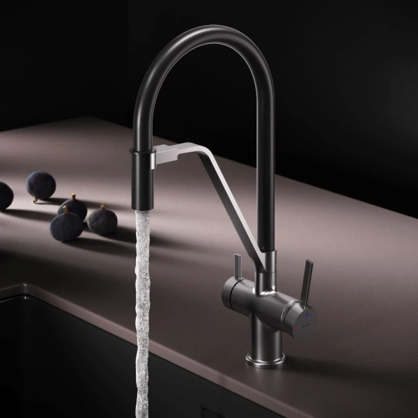 смеситель для кухни am.pm func f8f07812 coolstart, с подключением к фильтру, гибким изливом, сатин/черный