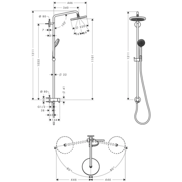 душевая система hansgrohe croma 220 showerpipe reno 27224000