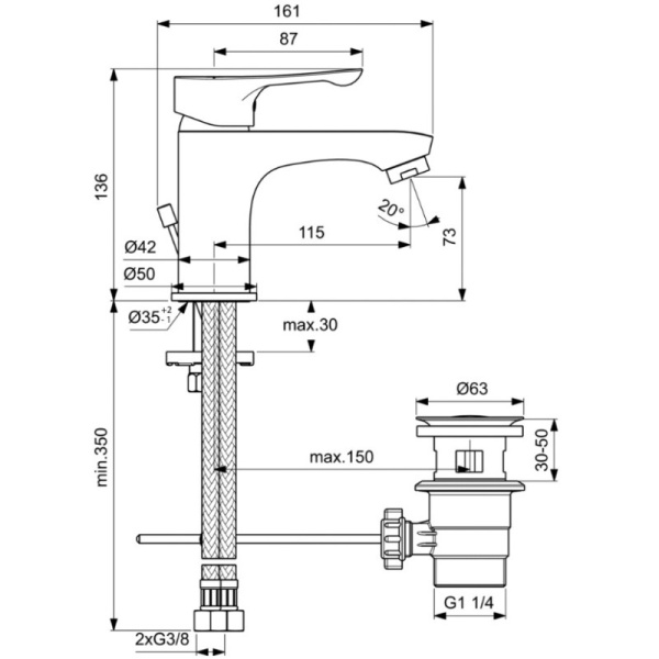 смеситель для раковины с донным клапаном ideal standard alpha bc486aa