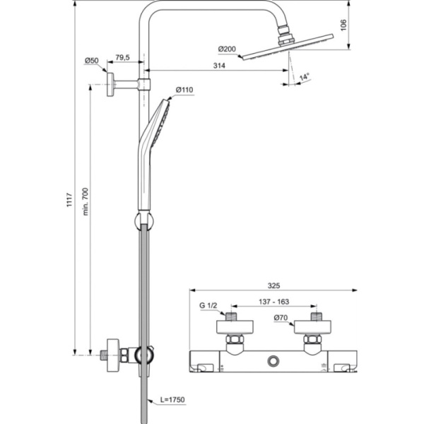 душевая система ideal standard ceratherm t50 a7225aa с термостатическая цвет хром