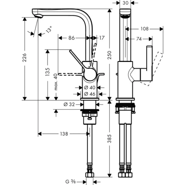 смеситель для раковины 230 с донным клапаном hansgrohe metris s 31159000