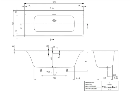 квариловая ванна villeroy & boch subway 3.0 ubq170sbw2dv-01 170x75 см