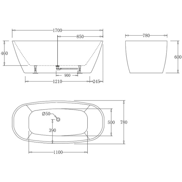 акриловая ванна belbagno 170x78 bb72-1700-w0 без гидромассажа