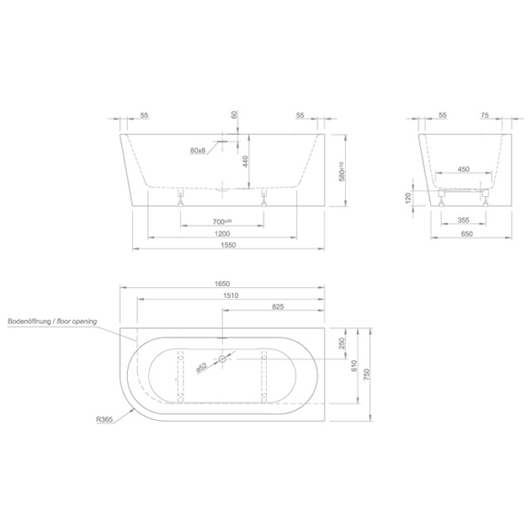 акриловая ванна knief wall 0100-255-l 165x75*58 см в правый угол