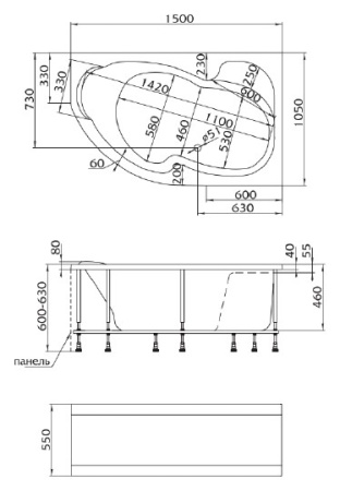 акриловая ванна marka one aura 150x105 r, 01ау1510п без гидромассажа