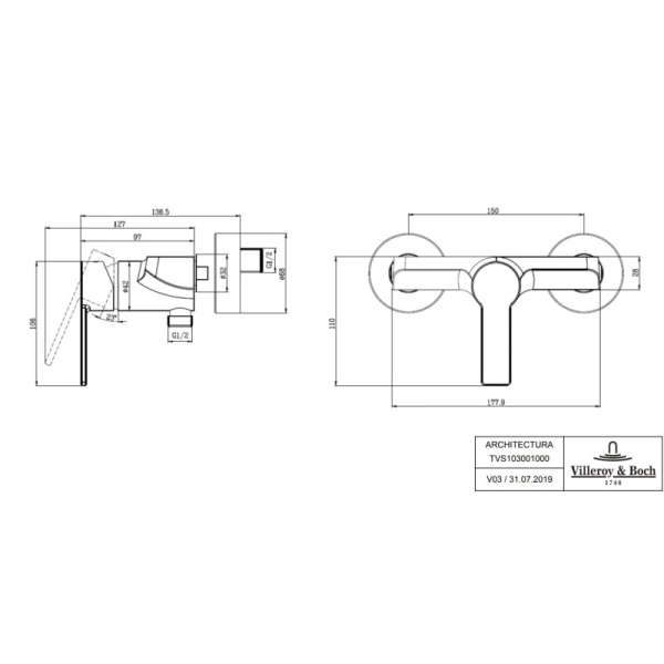 смеситель для душа villeroy & boch architectura tvs10300100061 цвет хром