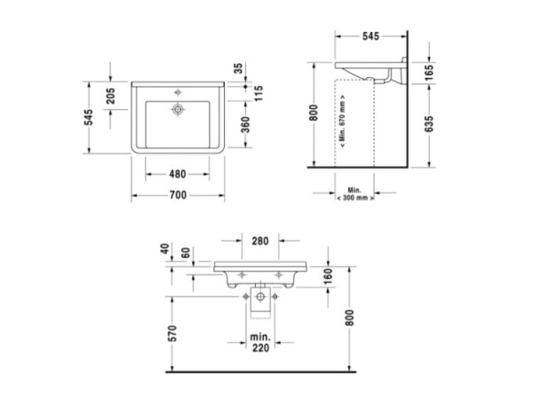 раковина подвесная 70 см duravit starck 3 03127000001