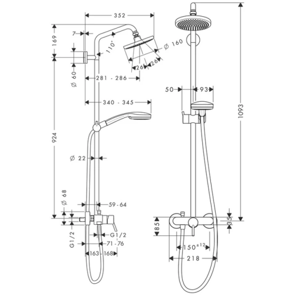 душевая система hansgrohe croma 100 showerpipe 27154000