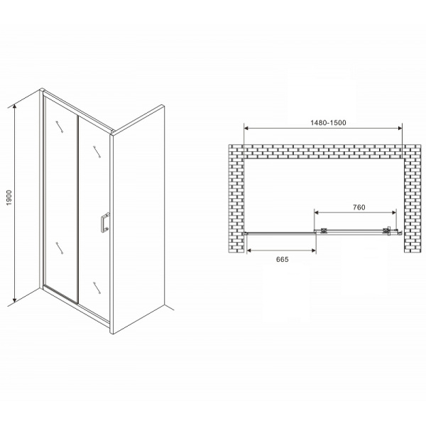 душевая дверь abber schwarzer diamant 150 ag301505 профиль хром, стекло прозрачное