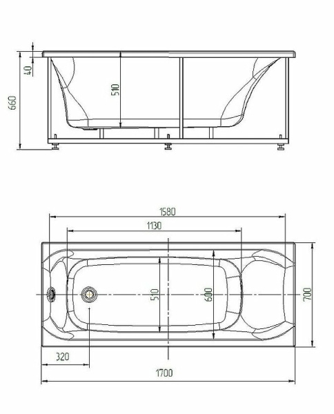 акриловая ванна aquatek афродита 170x70 afr170-0000024 без гидромассажа с фронтальной панелью с каркасом (вклеенный) со слив-переливом (слева)