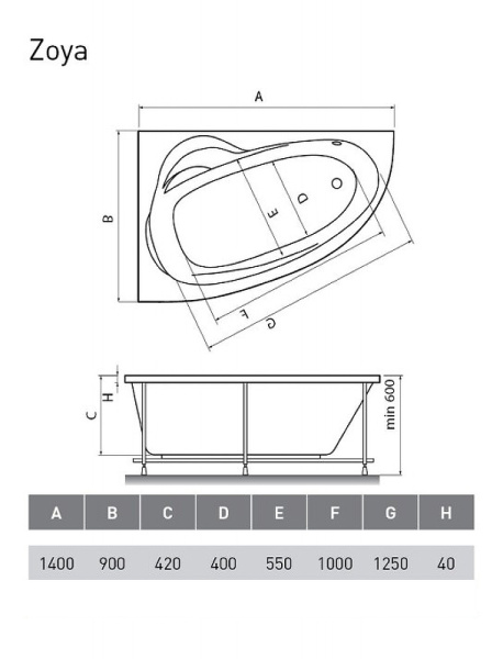 акриловая ванна relisan zoya гл000001247 140x90 l белая