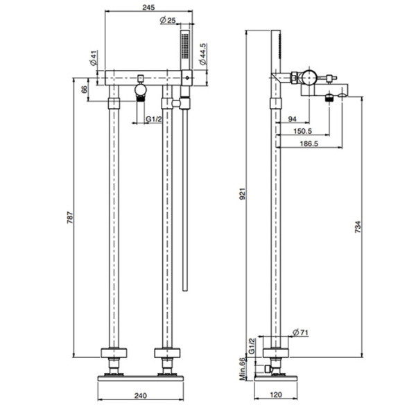 смеситель fima carlo frattini spillo up f3034/4or для ванны, напольный, с ручным душем, золото