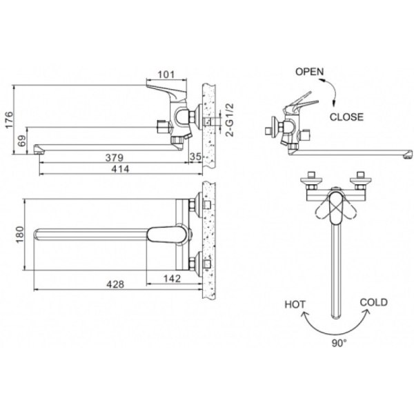 смеситель для ванны с душем bravat eler f6191238cp-01l универсальный