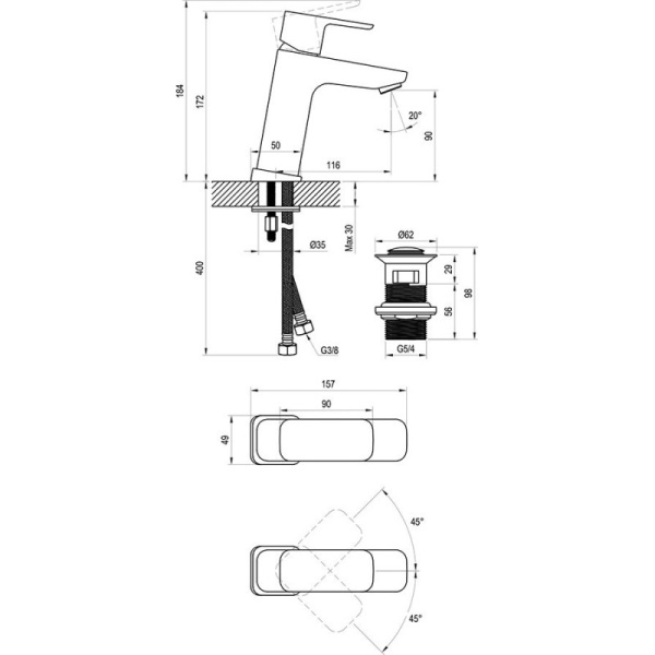 смеситель для раковины с донным клапаном ravak 10° free black-td f 013.20 x070149