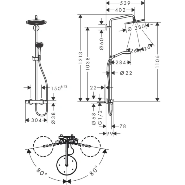 душевая система hansgrohe croma select s showerpipe 280 1jet 26890670