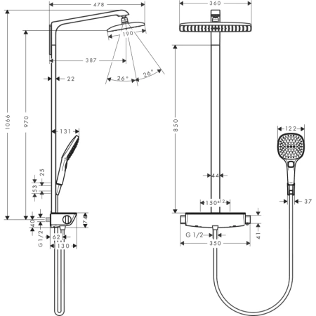 душевая система hansgrohe raindance e showerpipe 360 ​​1jet ecosmart 27286400