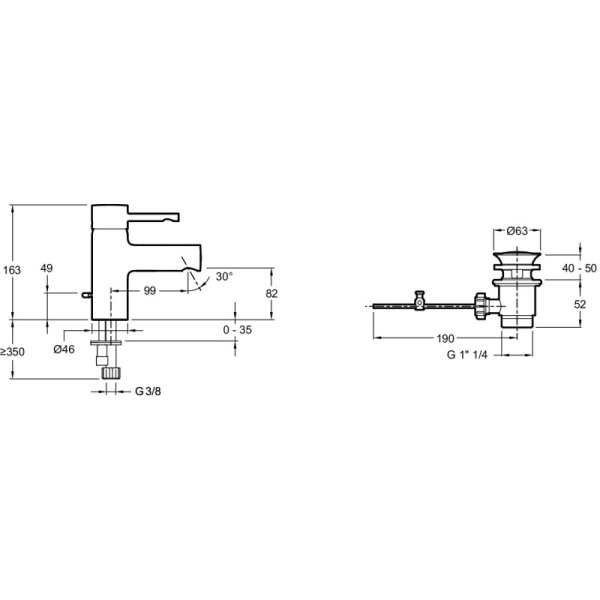 смеситель для раковины с донным клапаном coolstart jacob delafon cuff e77308-cp