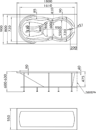 акриловая ванна 1marka taormina 180x90, 01та1890 без гидромассажа