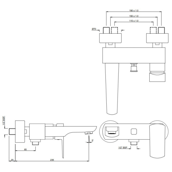 смеситель для ванны jaquar kubix prime kup-chr-35119pm