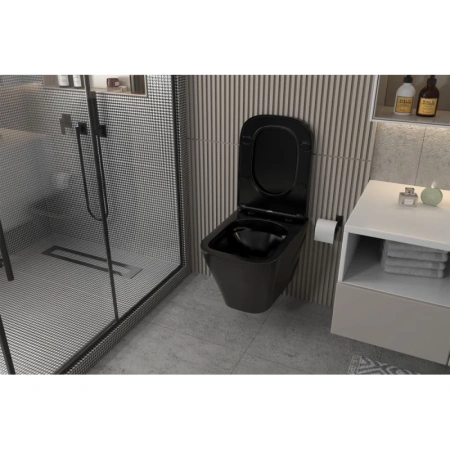 унитаз подвесной abber rechteck ac1200mb безободковый, с сиденьем микролифт, черный матовый