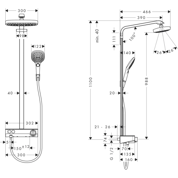 душевая система hansgrohe raindance select e showerpipe 300 2jet ecosmart 27283000