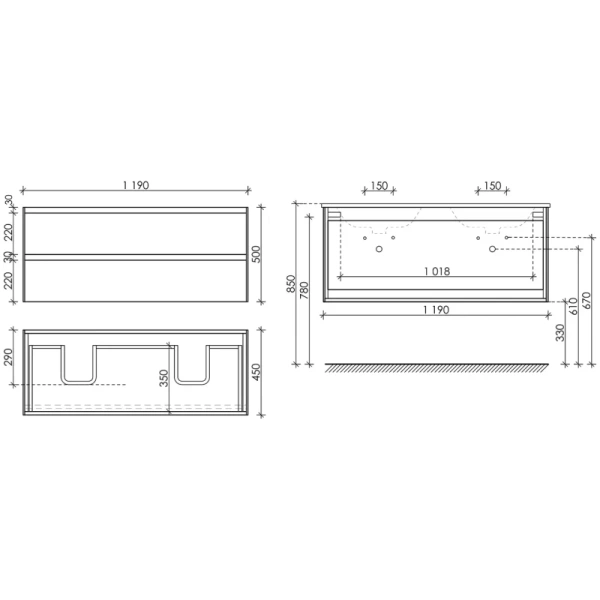 тумба под раковину sancos cento 1190х450х500, c двумя ящиками, карпатская ель, арт. cn120-2ke