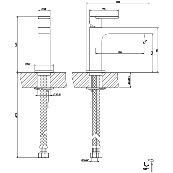 смеситель gessi via manzoni 38606#031 для раковины, с изливом 128 мм, без донного клапана, цвет хром