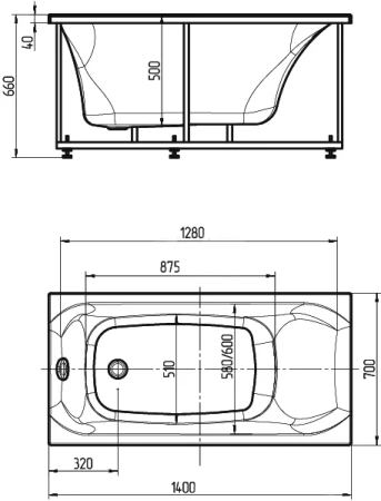 акриловая ванна aquatek альфа alf140-0000019 140x70 см, без гидромассажа, с фронтальной панелью, с каркасом, со слив-переливом