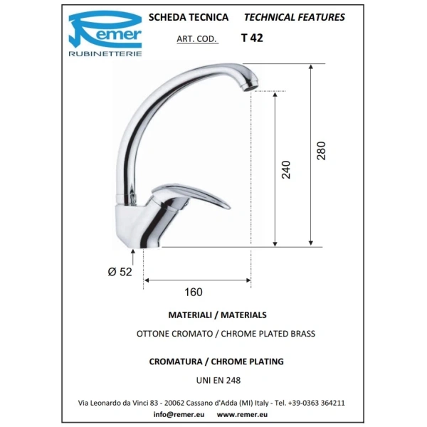 смеситель для кухни remer ten t42